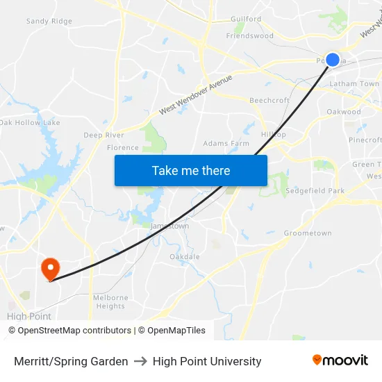 Merritt/Spring Garden to High Point University map