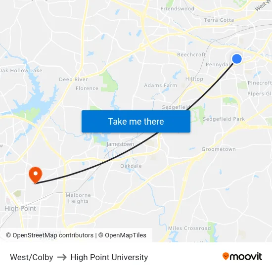 West/Colby to High Point University map
