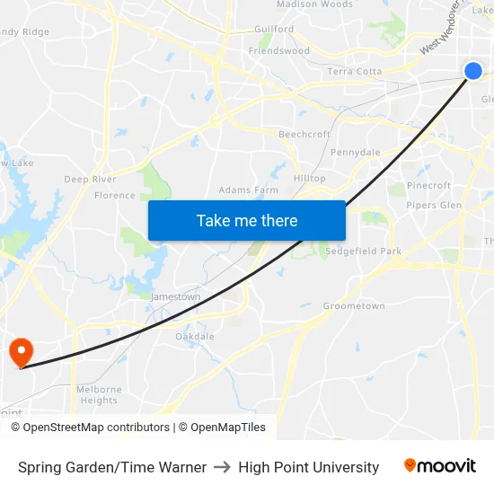 Spring Garden/Time Warner to High Point University map