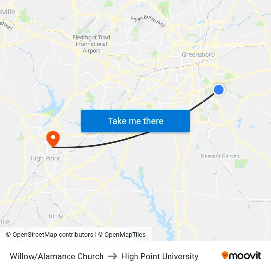 Willow/Alamance Church to High Point University map