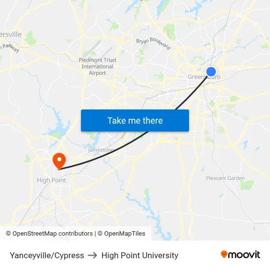 Yanceyville/Cypress to High Point University map