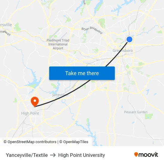 Yanceyville/Textile to High Point University map