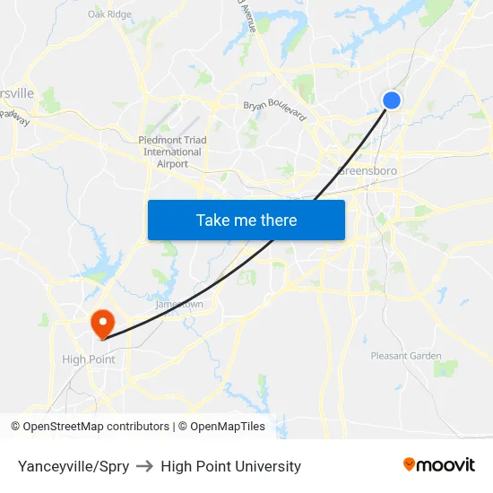 Yanceyville/Spry to High Point University map