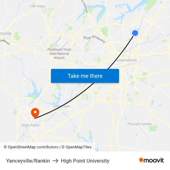 Yanceyville/Rankin to High Point University map