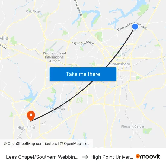 Lees Chapel/Southern Webbing Mill to High Point University map