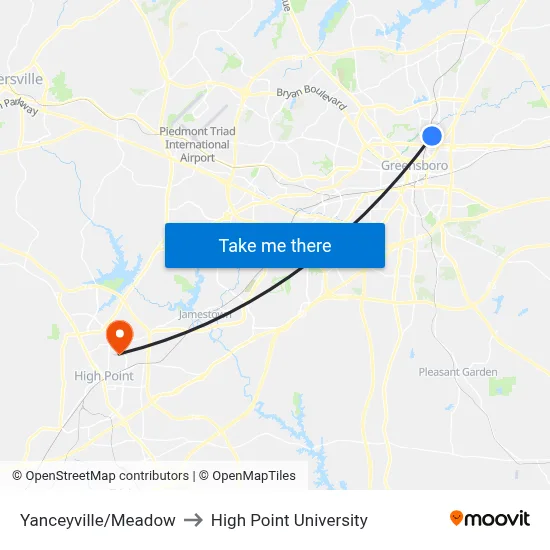 Yanceyville/Meadow to High Point University map