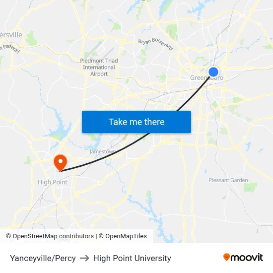 Yanceyville/Percy to High Point University map