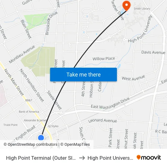 High Point Terminal (Outer Slip) to High Point University map
