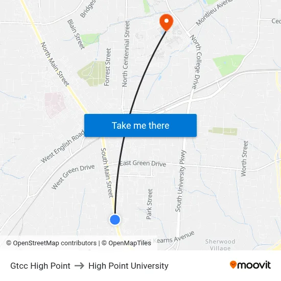 Gtcc High Point to High Point University map