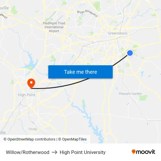 Willow/Rotherwood to High Point University map