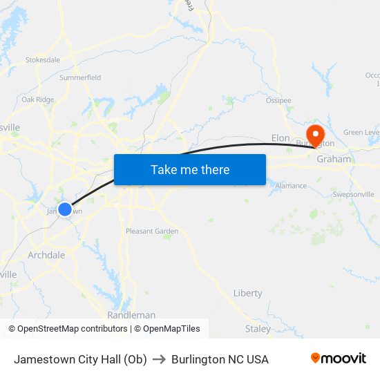 Jamestown City Hall (Ob) to Burlington NC USA map