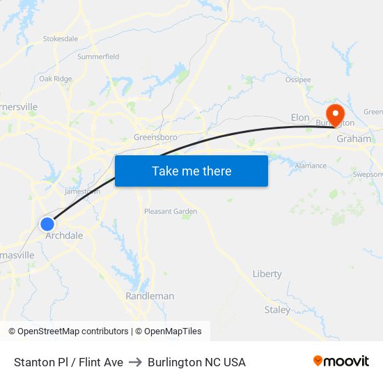 Stanton Pl / Flint Ave to Burlington NC USA map