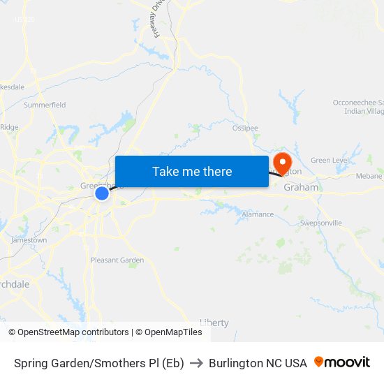 Spring Garden/Smothers Pl (Eb) to Burlington NC USA map