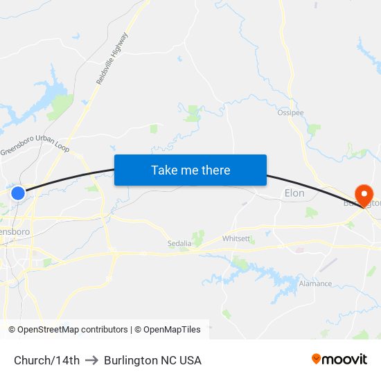 Church/14th to Burlington NC USA map