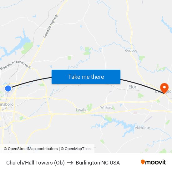 Church/Hall Towers (Ob) to Burlington NC USA map