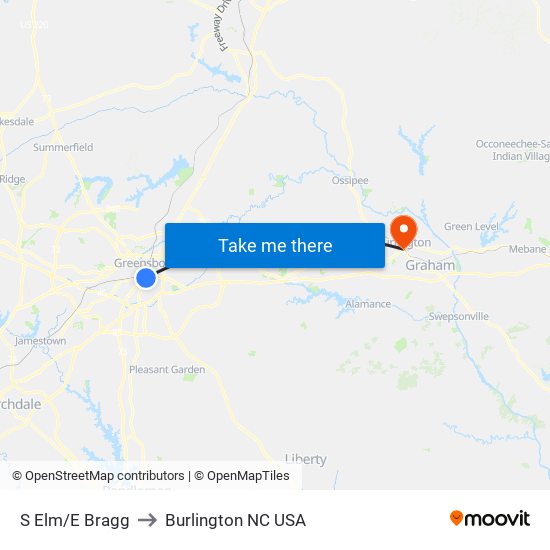 S Elm/E Bragg to Burlington NC USA map