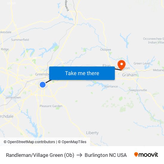 Randleman/Village Green (Ob) to Burlington NC USA map