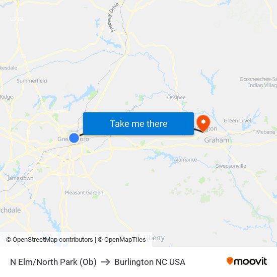 N Elm/North Park (Ob) to Burlington NC USA map