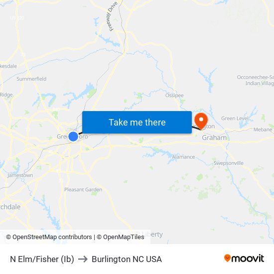 N Elm/Fisher (Ib) to Burlington NC USA map