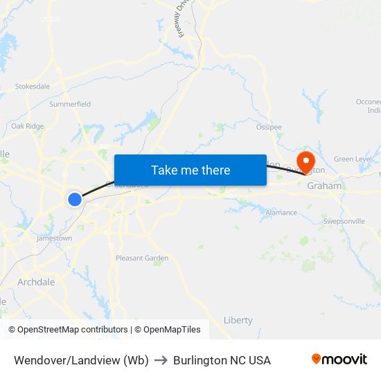 Wendover/Landview (Wb) to Burlington NC USA map