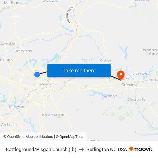 Battleground/Pisgah Church (Ib) to Burlington NC USA map