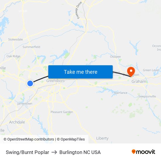 Swing/Burnt Poplar to Burlington NC USA map