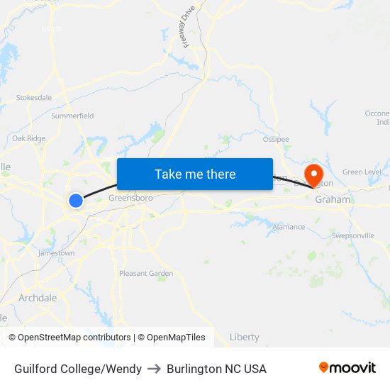 Guilford College/Wendy to Burlington NC USA map