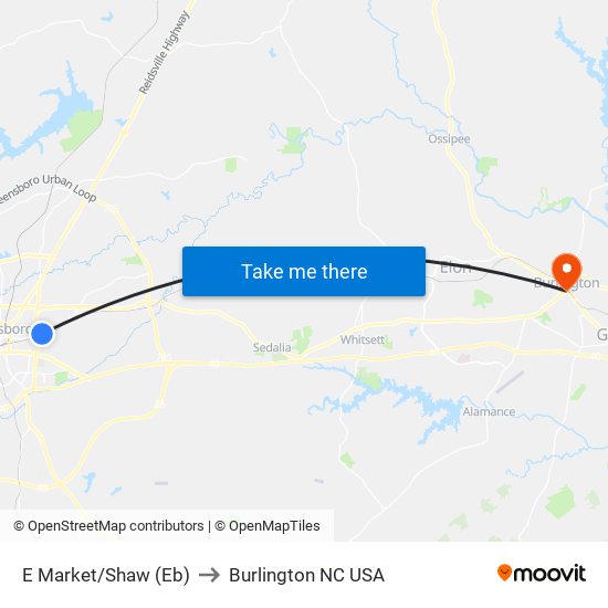 E Market/Shaw (Eb) to Burlington NC USA map