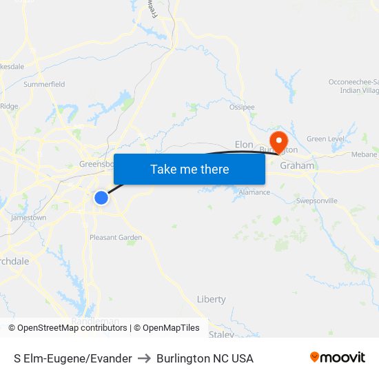 S Elm-Eugene/Evander to Burlington NC USA map