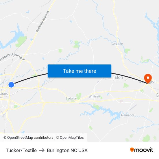 Tucker/Textile to Burlington NC USA map