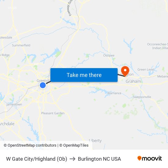 W Gate City/Highland (Ob) to Burlington NC USA map