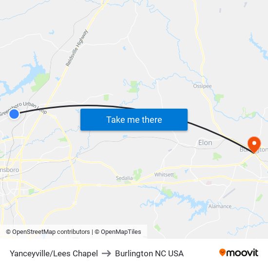 Yanceyville/Lees Chapel to Burlington NC USA map