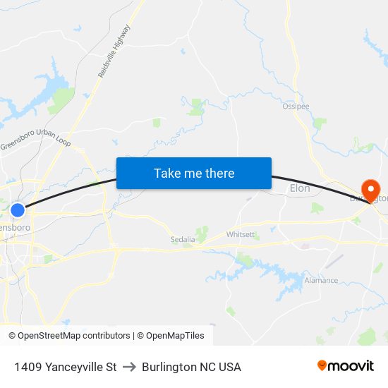 1409 Yanceyville St to Burlington NC USA map
