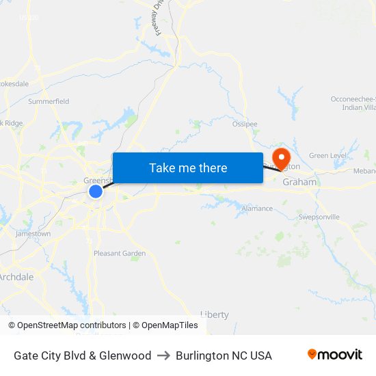 Gate City Blvd & Glenwood to Burlington NC USA map