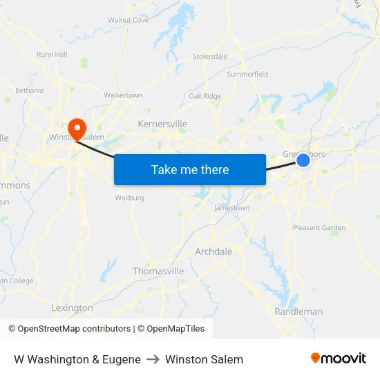 W Washington & Eugene to Winston Salem map