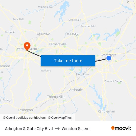 Arlington & Gate City Blvd to Winston Salem map