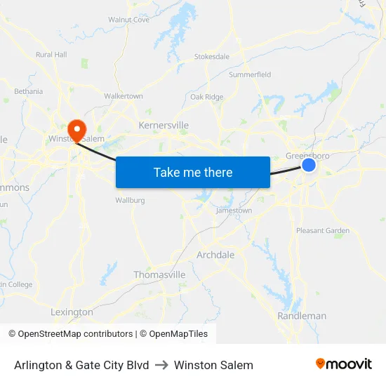 Arlington & Gate City Blvd to Winston Salem map