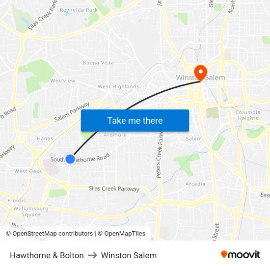 Hawthorne & Bolton to Winston Salem map