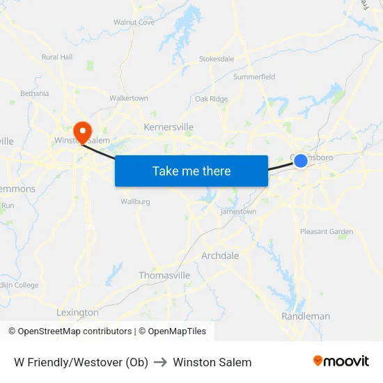 W Friendly/Westover (Ob) to Winston Salem map