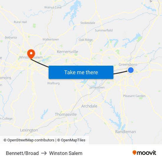 Bennett/Broad to Winston Salem map