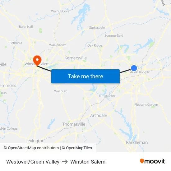 Westover/Green Valley to Winston Salem map
