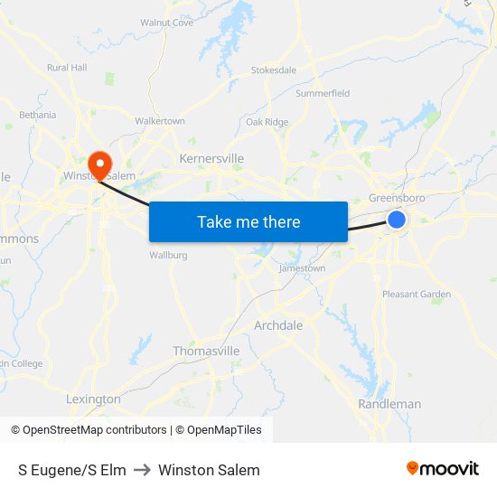 S Eugene/S Elm to Winston Salem map