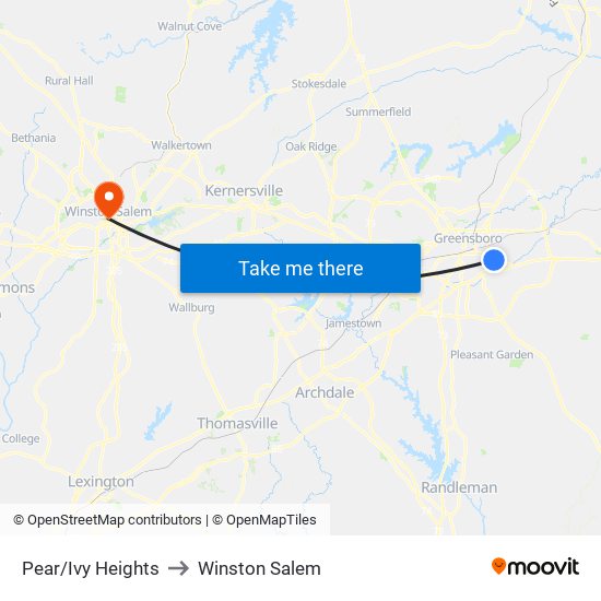 Pear/Ivy Heights to Winston Salem map