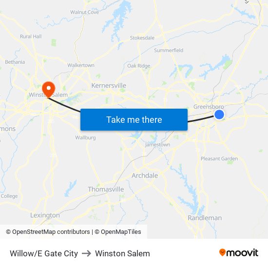 Willow/E Gate City to Winston Salem map