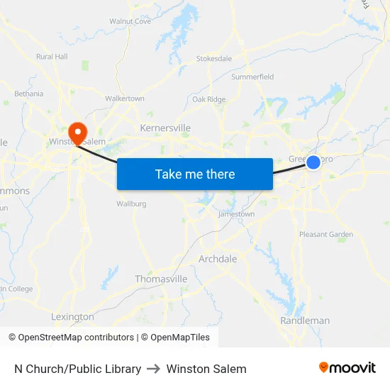 N Church/Public Library to Winston Salem map