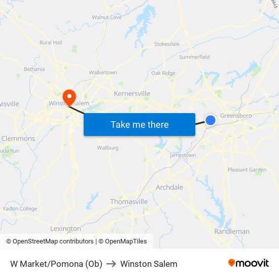 W Market/Pomona (Ob) to Winston Salem map