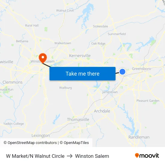 W Market/N Walnut Circle to Winston Salem map