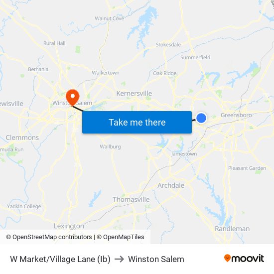 W Market/Village Lane (Ib) to Winston Salem map