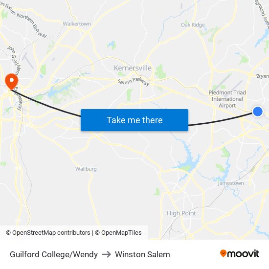 Guilford College/Wendy to Winston Salem map