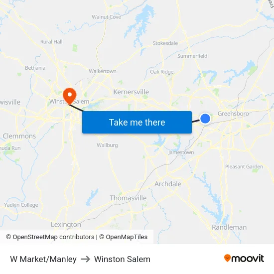 W Market/Manley to Winston Salem map